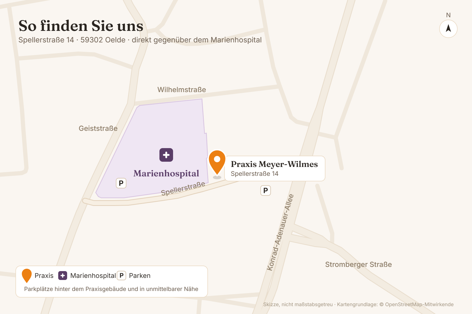 Anfahrtsskizze: Praxis Meyer-Wilmes, Spellerstraße 14 in 59302 Oelde, direkt gegenüber dem Marienhospital. Parkplätze hinter dem Praxisgebäude und in unmittelbarer Nähe.